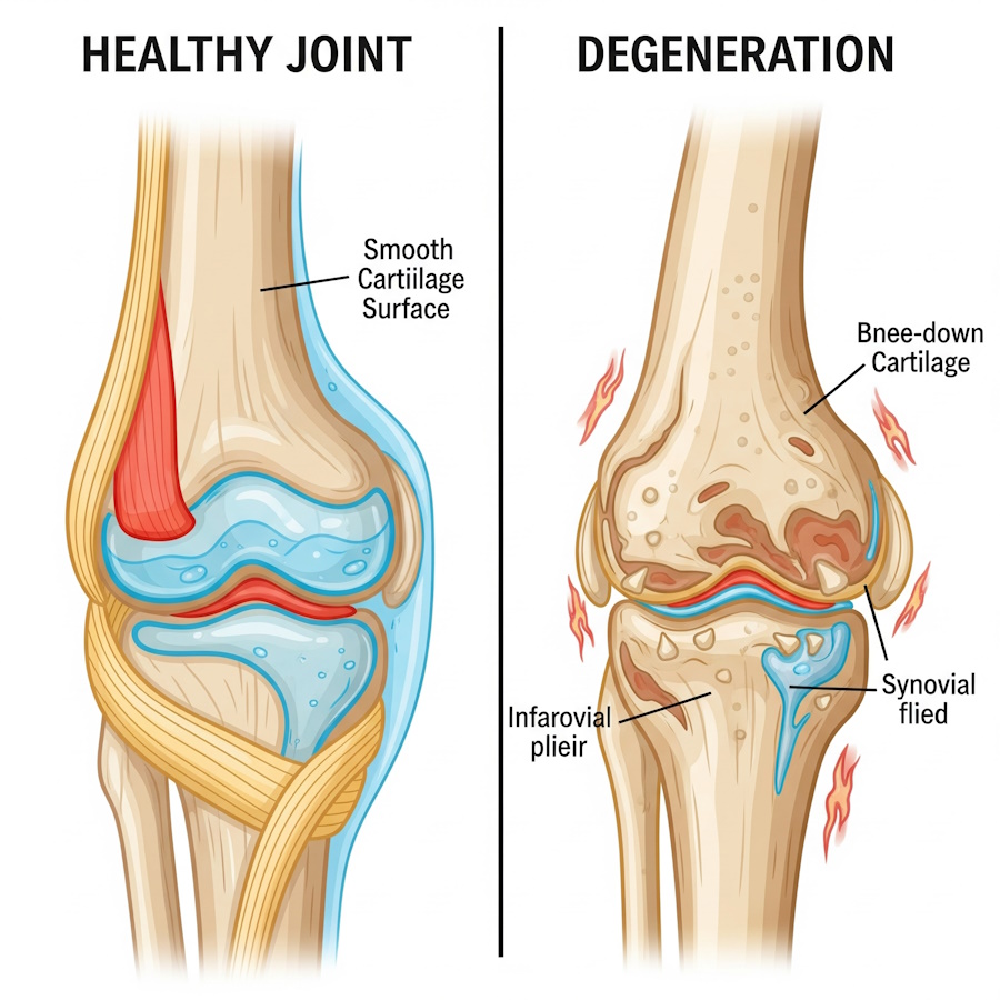 Ilustracja przedstawiająca zdrowy i zwyrodniały staw.