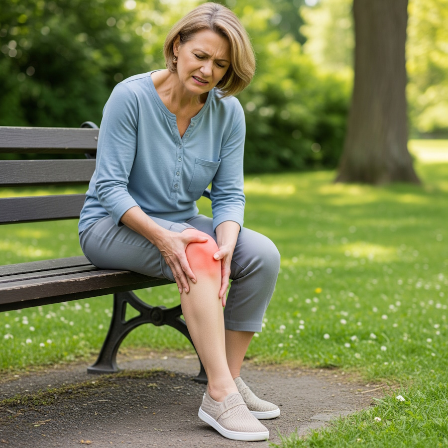 Osoba trzymająca bolące kolano, siedząca na ławce w parku.