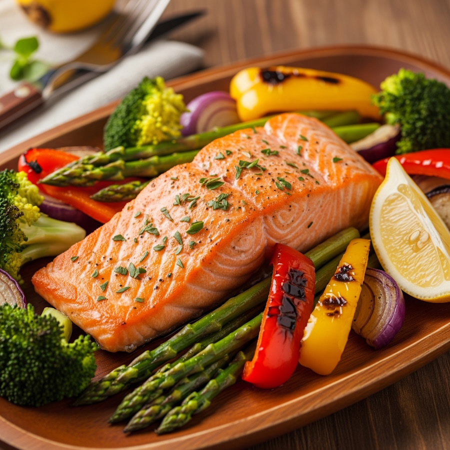 Zdrowy talerz z rybą, warzywami i pełnoziarnistym pieczywem.