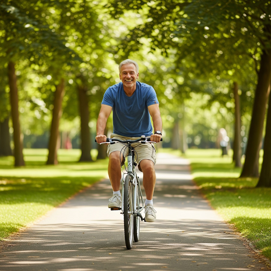 Senior ćwiczący w parku, wykonujący ćwiczenia rozciągające.